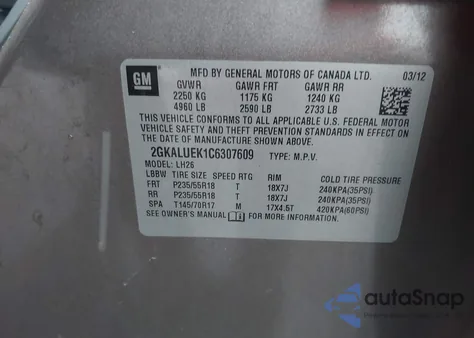 2012 GMC Terrain Slt-1 из США, поврежденный, VIN 2GKALUEK1C6307609